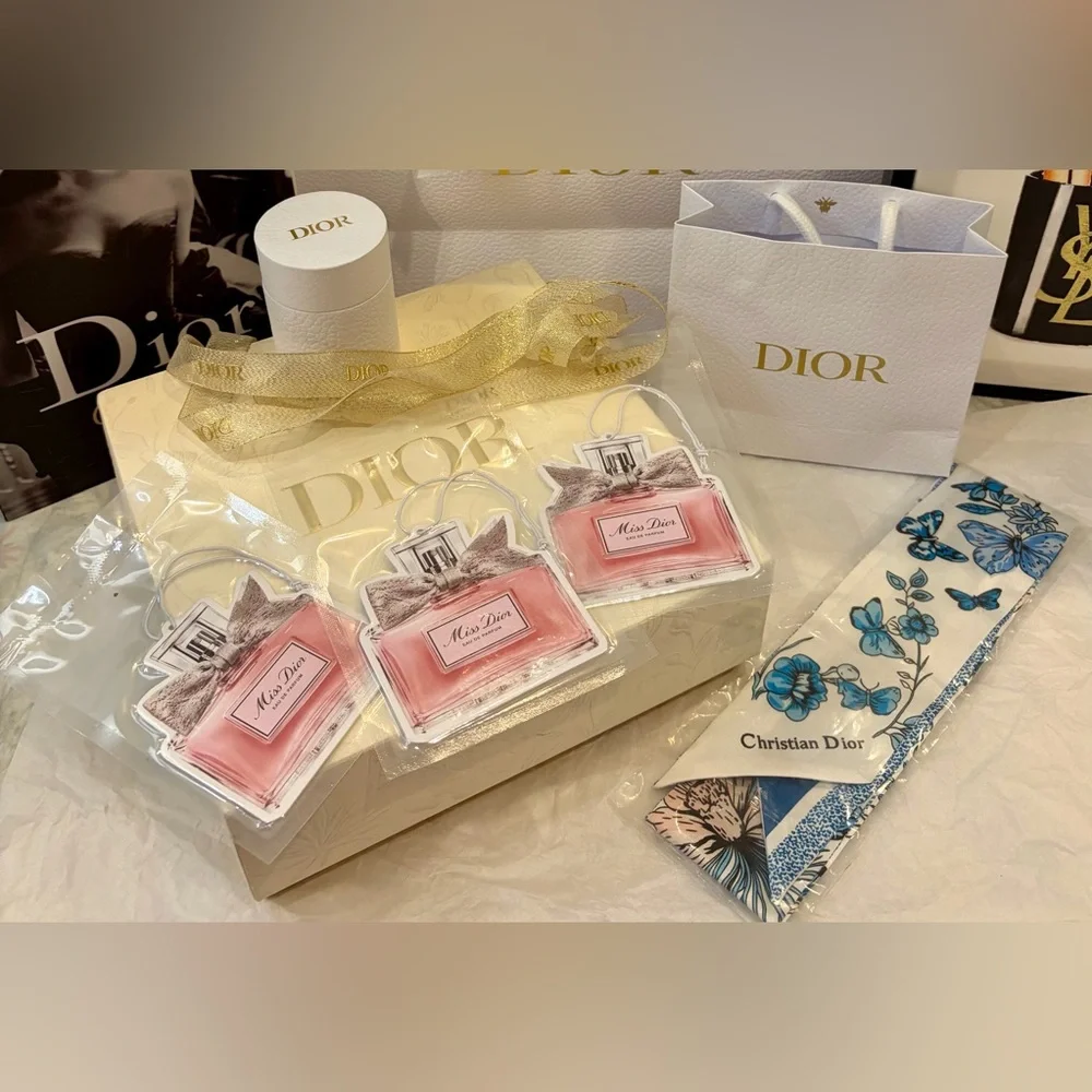DIOR BEAUTE Butterflies 100% Silk Scarf, Round Box/Shopping bag and 3 Fresheners
